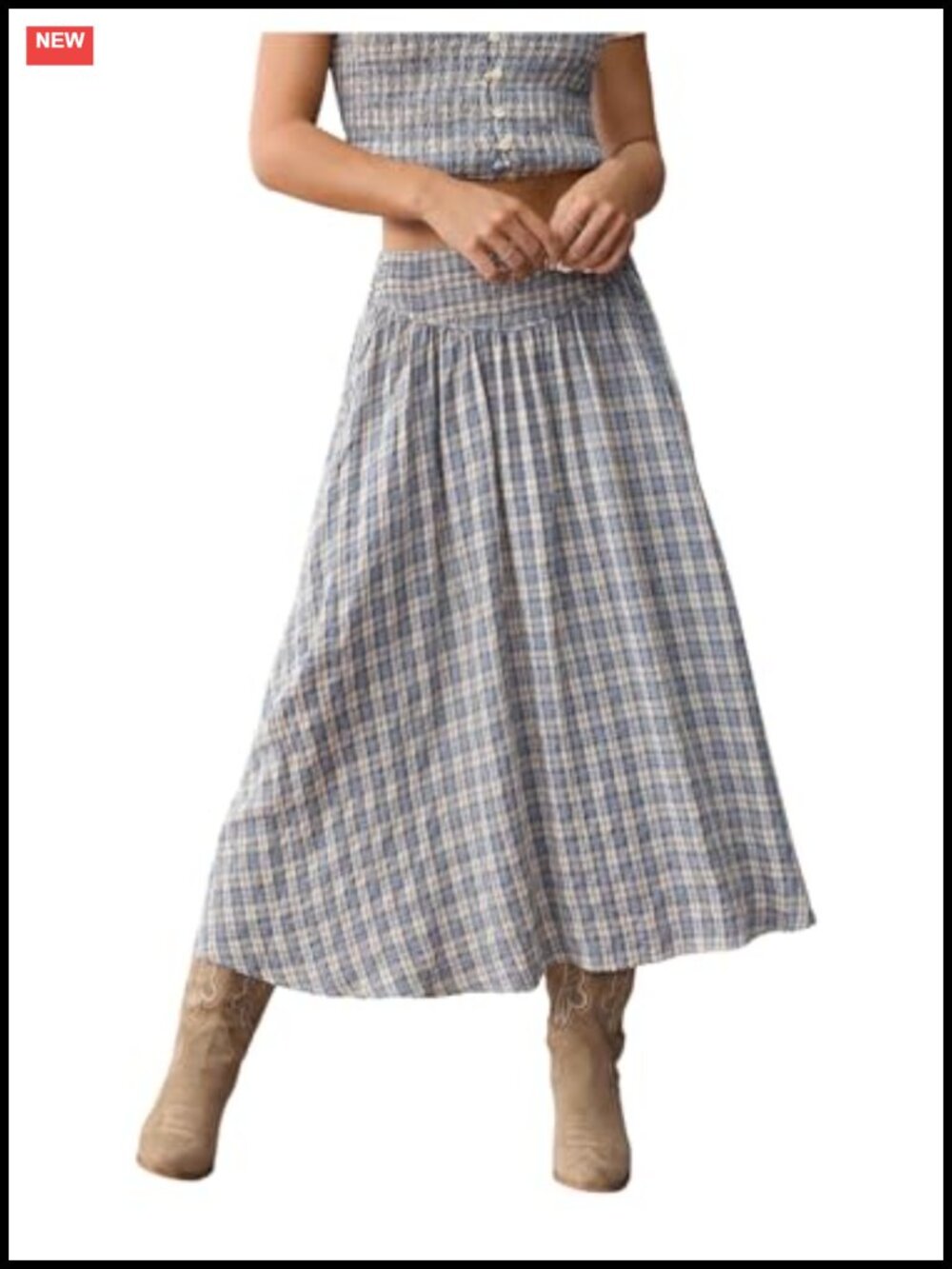 Gingham A Line Midi Skirt Smocked Waist Flowy Vintage Cottagecore